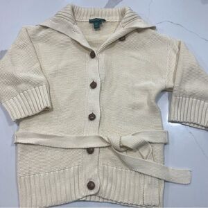 Ralph Lauren Vintage cable knit beige belted cardigan sweater leather buttons